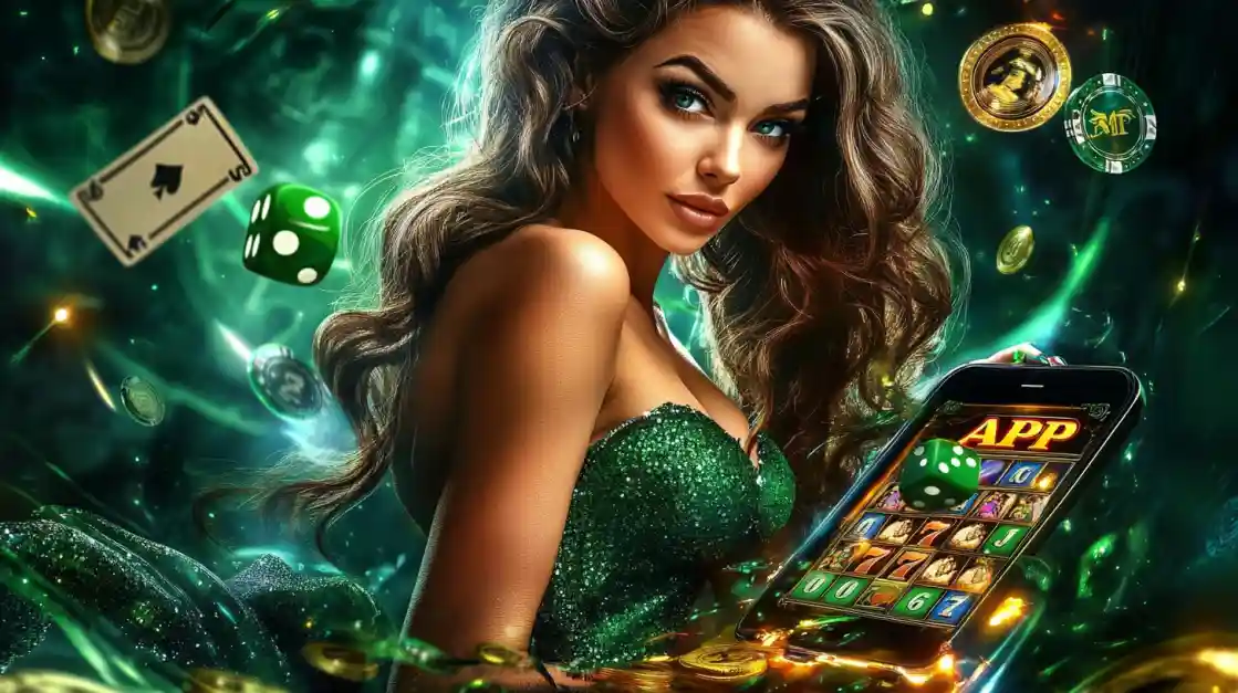An enchanting woman surrounded by cards, dice, and coins, alongside a smartphone featuring the G777 Game gaming app.