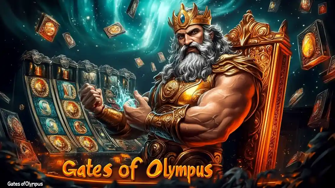 A majestic Zeus figure on a golden throne, surrounded by floating cards and a G777 Game slot machine, with Gates of Olympus prominently displayed, inviting players to a mythical gaming experience.
