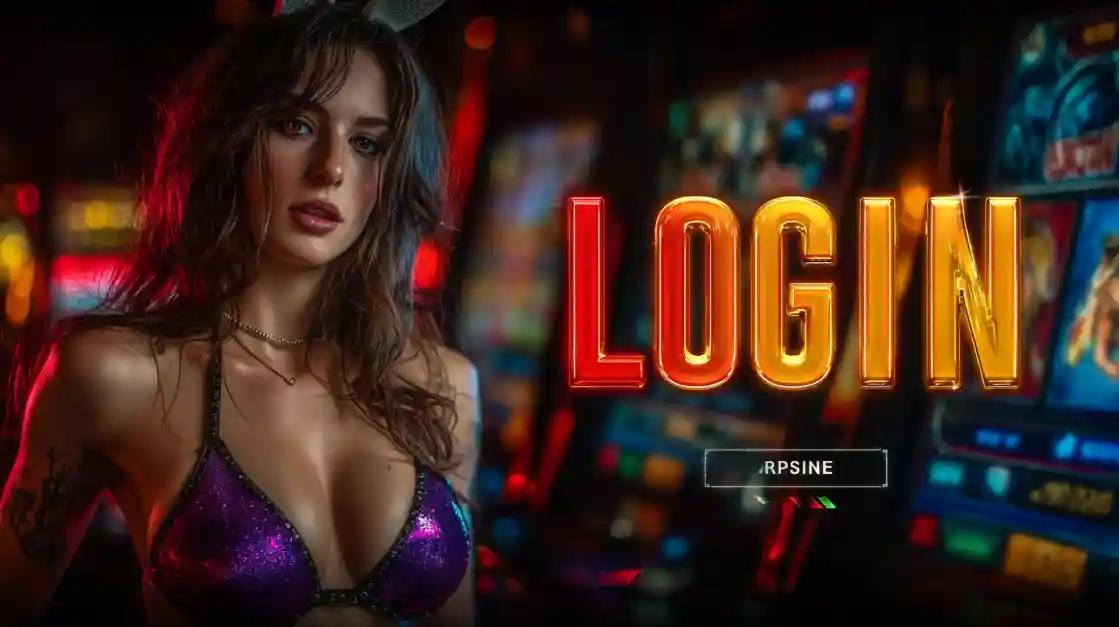 A captivating woman stands beside a LOGIN interface, with G777 Game slot machines softly blurred in the background, inviting users to enter the world of G777 Game.