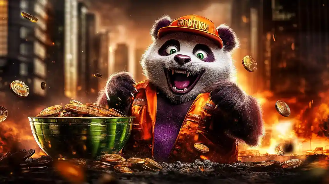A cheerful panda character surrounded by golden coins, symbolizing wealth and good fortune with G777 Game.