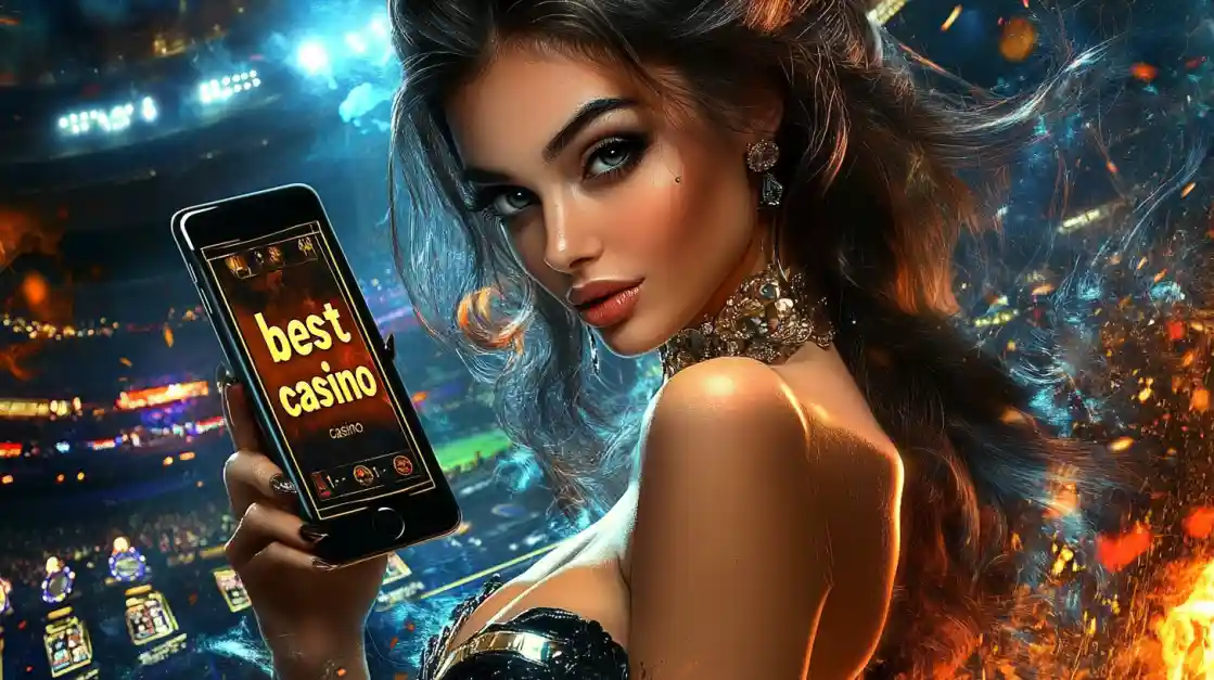 A woman holding a phone showcasing the G777 Game casino app in a vibrant stadium-like setting.