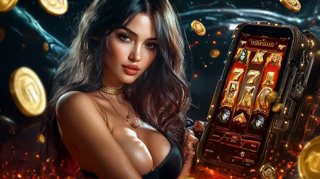 A confident woman holds a smartphone displaying a G777 Game mobile slot game with 777 symbols and golden coins.
